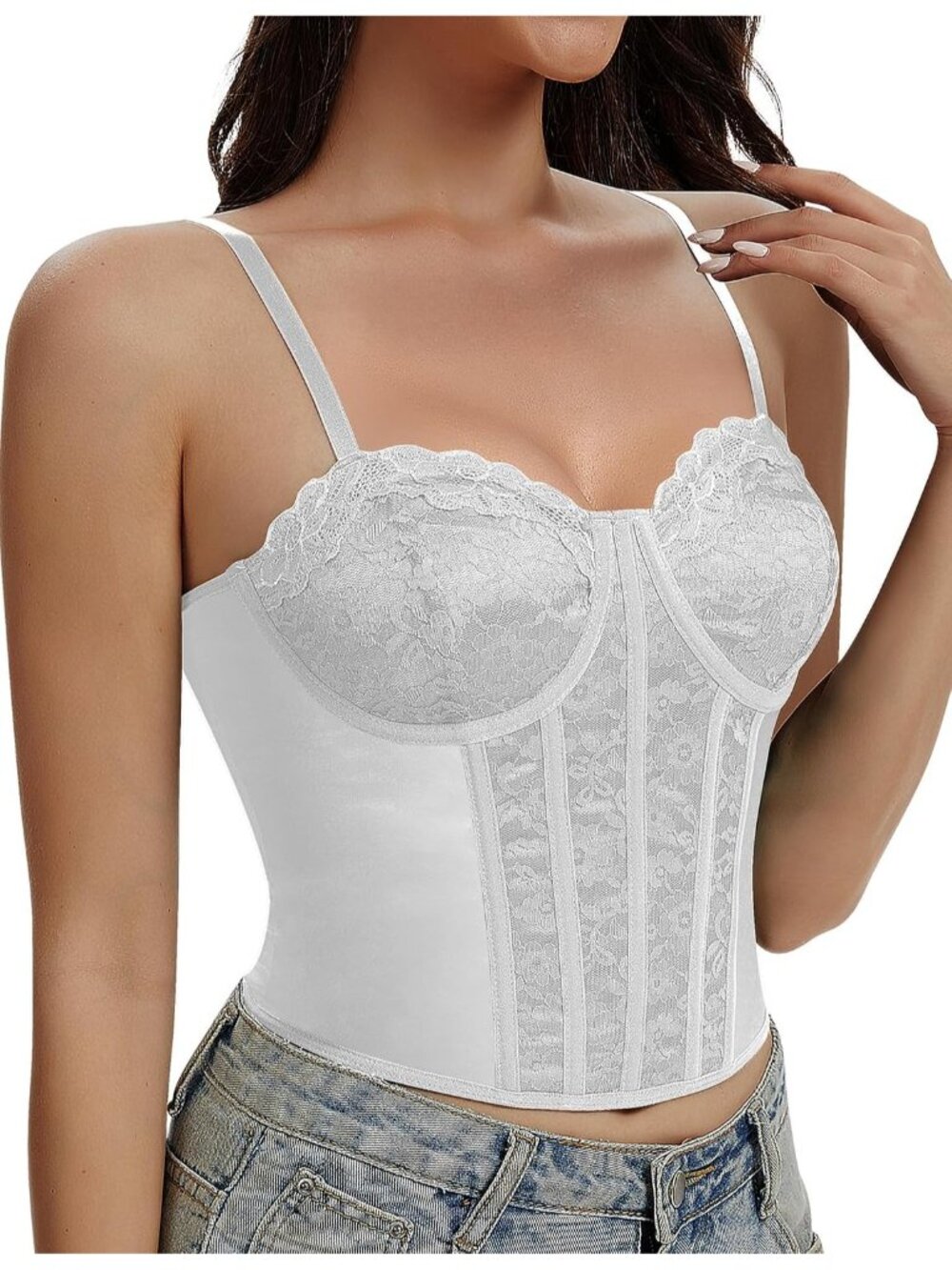 Women's Grey Straps 3-rows Back Hooks Fitted Underwire Lace Bustier Corset Top
